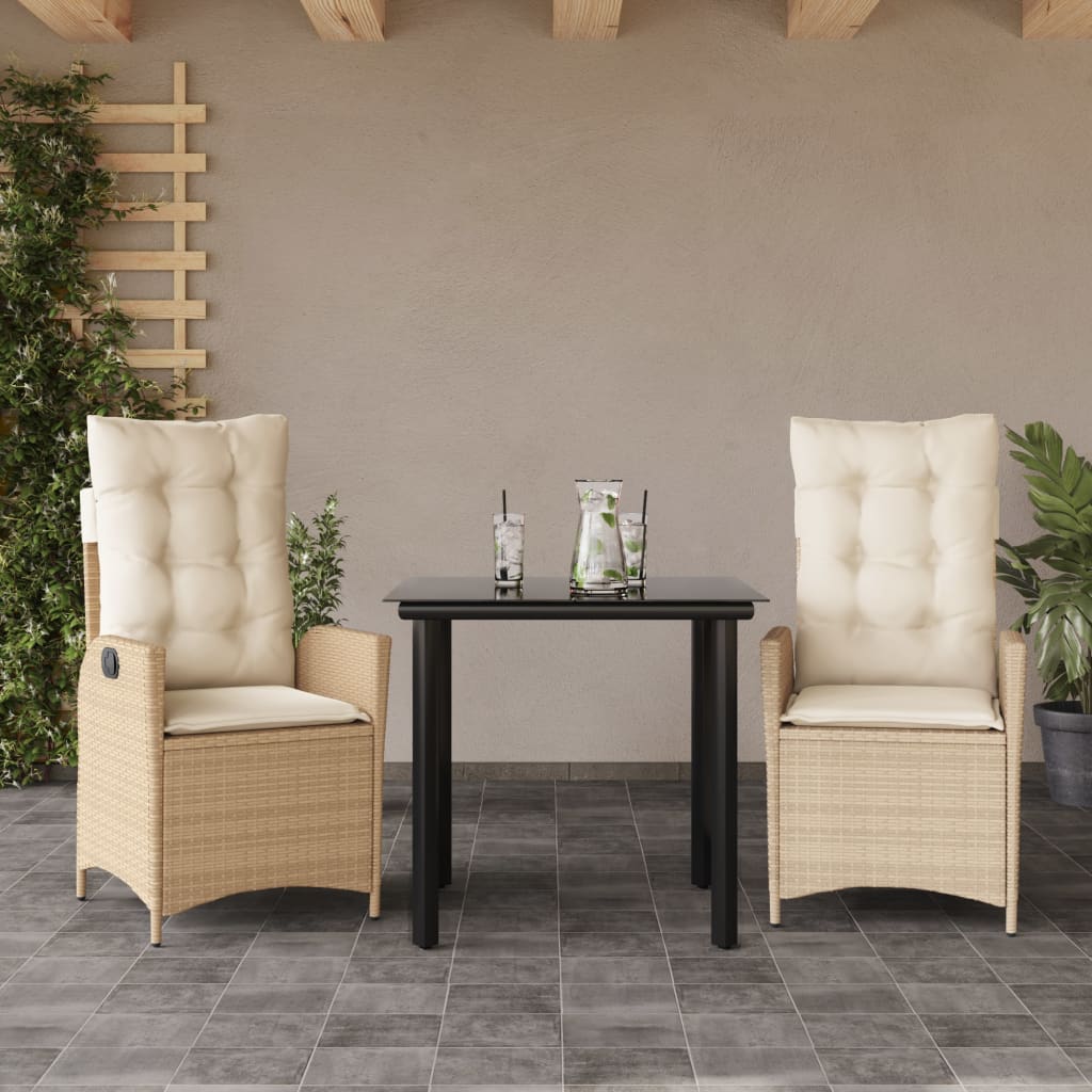3-tlg. Garten-Essgruppe mit Kissen Beige Poly Rattan