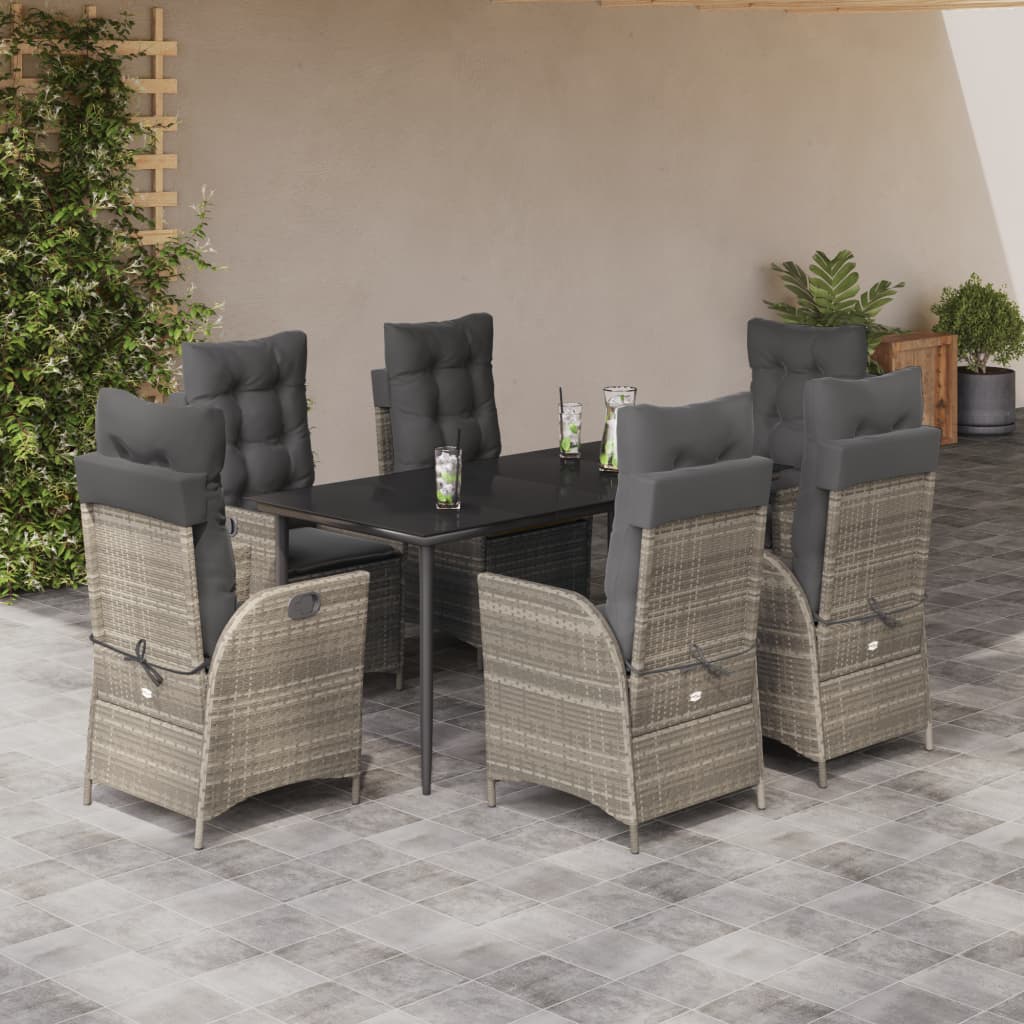 7-tlg. Garten-Essgruppe mit Kissen Hellgrau Poly Rattan