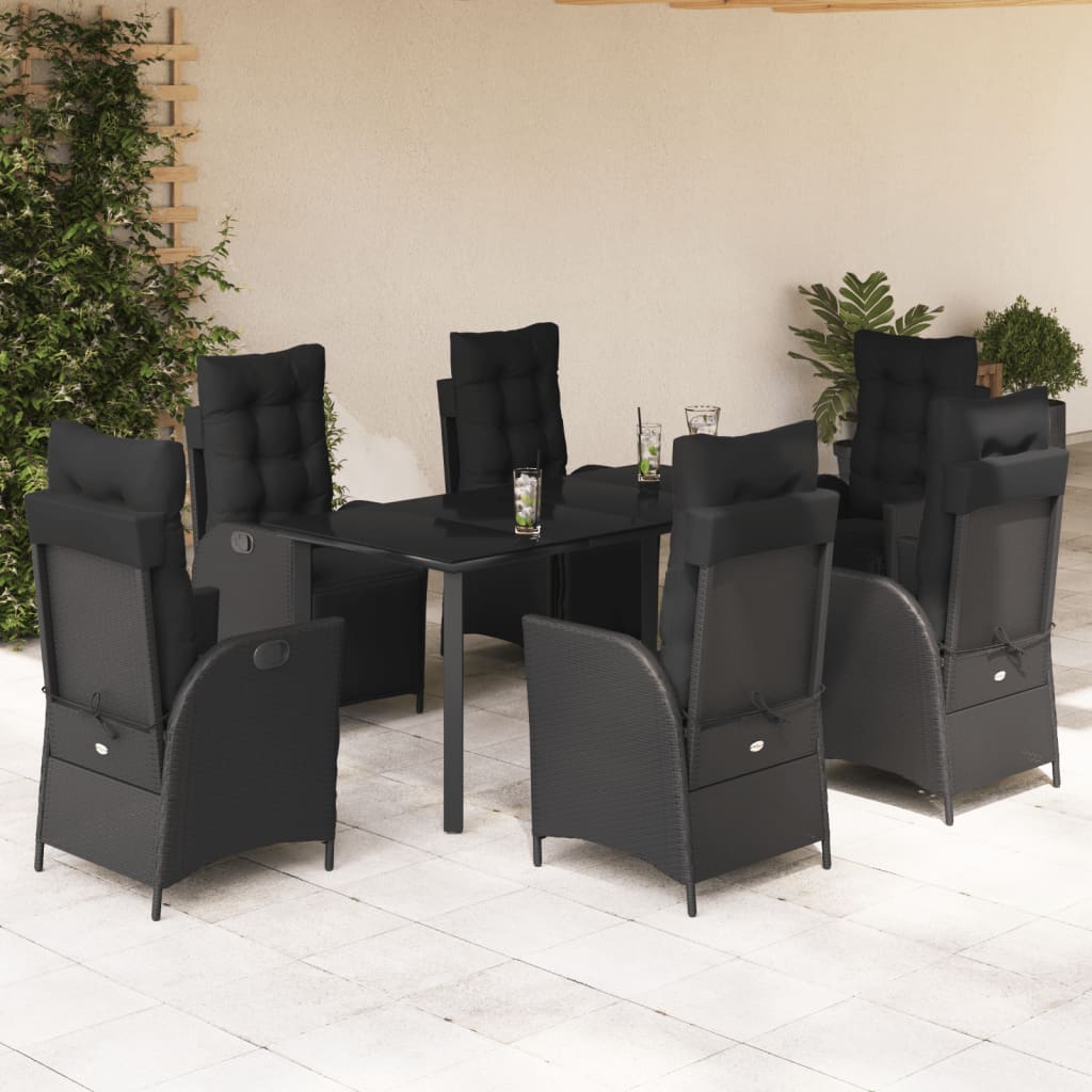 7-tlg. Garten-Essgruppe mit Kissen Schwarz Poly Rattan