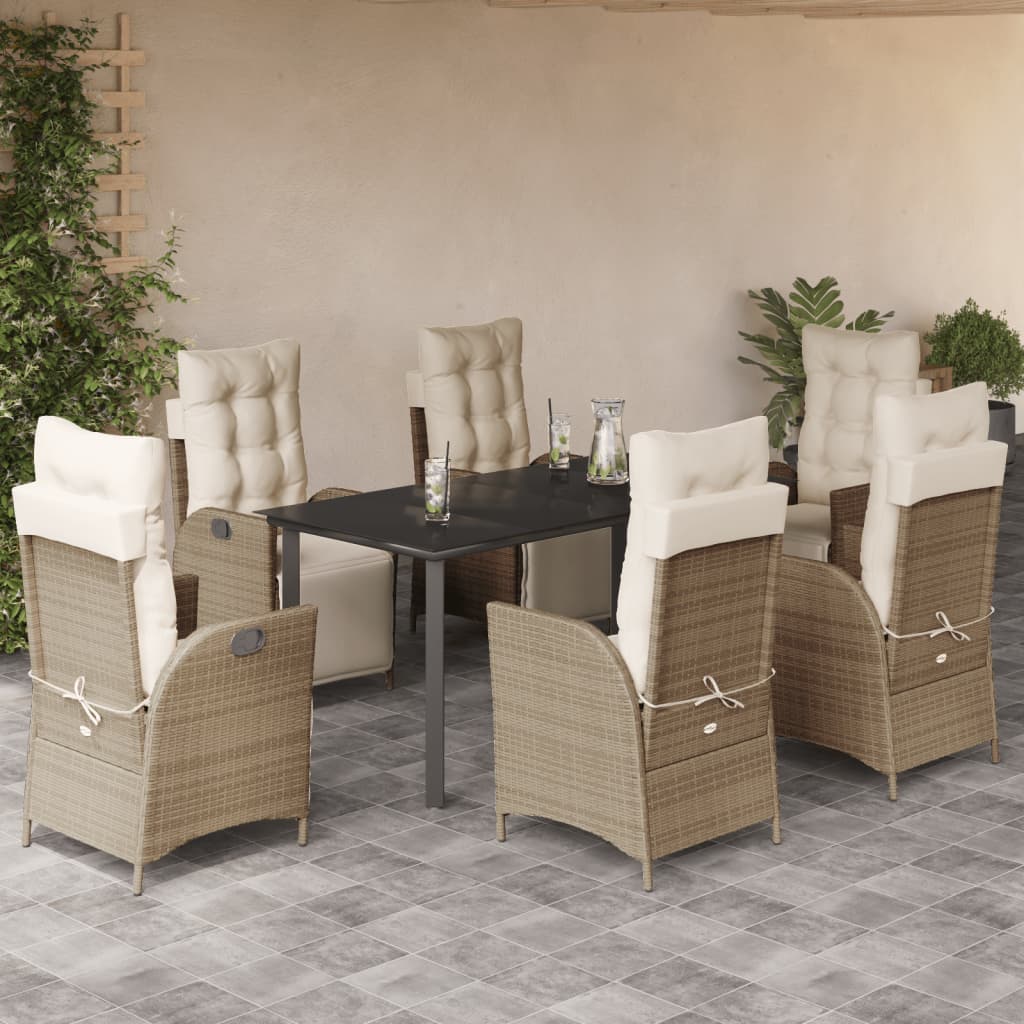 7-tlg. Garten-Essgruppe mit Kissen Beige Poly Rattan
