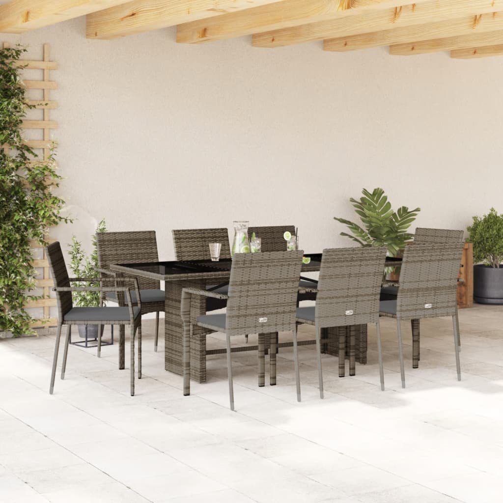 9-tlg. Garten-Essgruppe mit Kissen Grau Poly Rattan