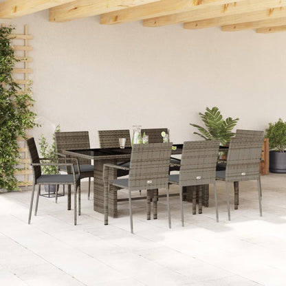 9-tlg. Garten-Essgruppe mit Kissen Grau Poly Rattan