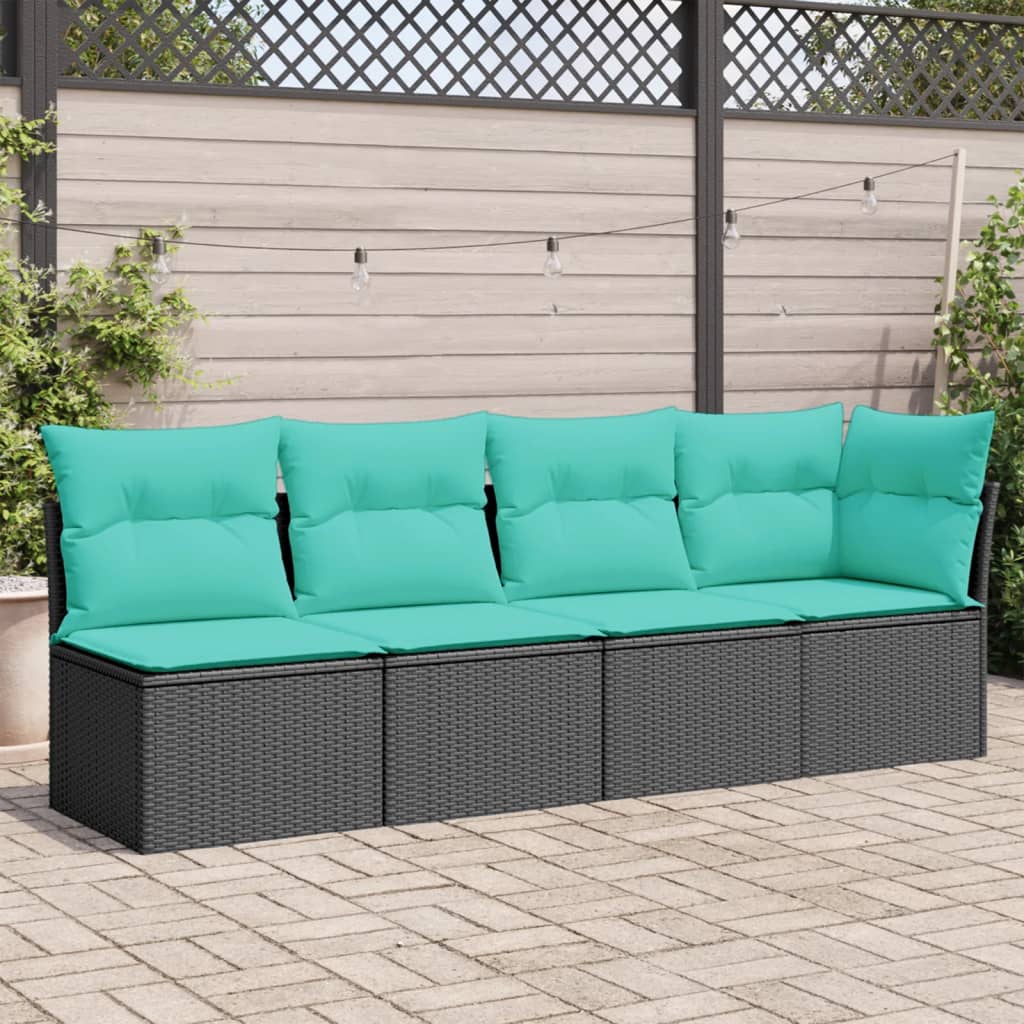 Gartensofa mit Kissen 4-Sitzer Schwarz Poly Rattan
