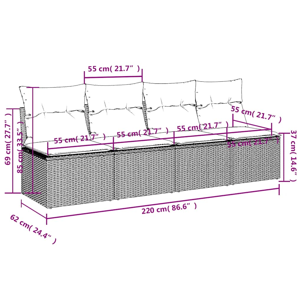 Gartensofa mit Kissen 4-Sitzer Hellgrau Poly Rattan