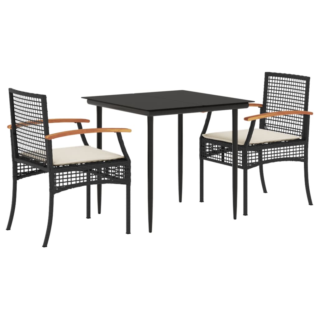 3-tlg. Garten-Essgruppe mit Kissen Schwarz Poly Rattan