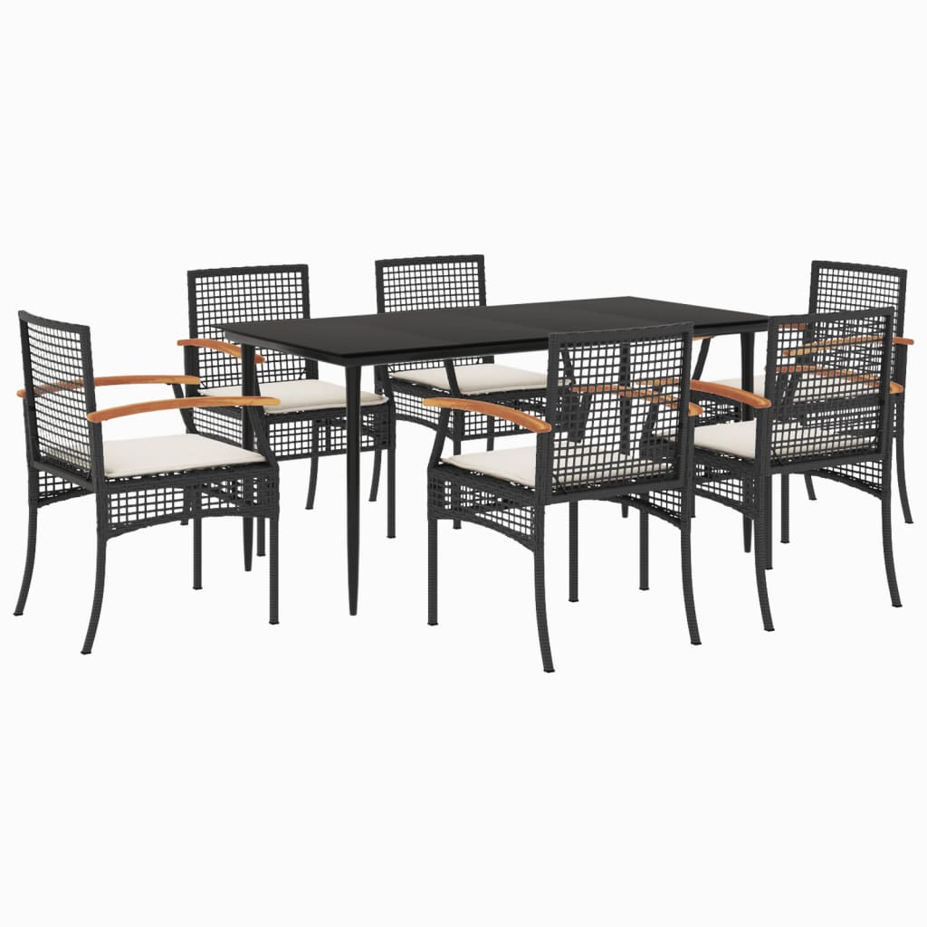 7-tlg. Garten-Essgruppe mit Kissen Schwarz Poly Rattan