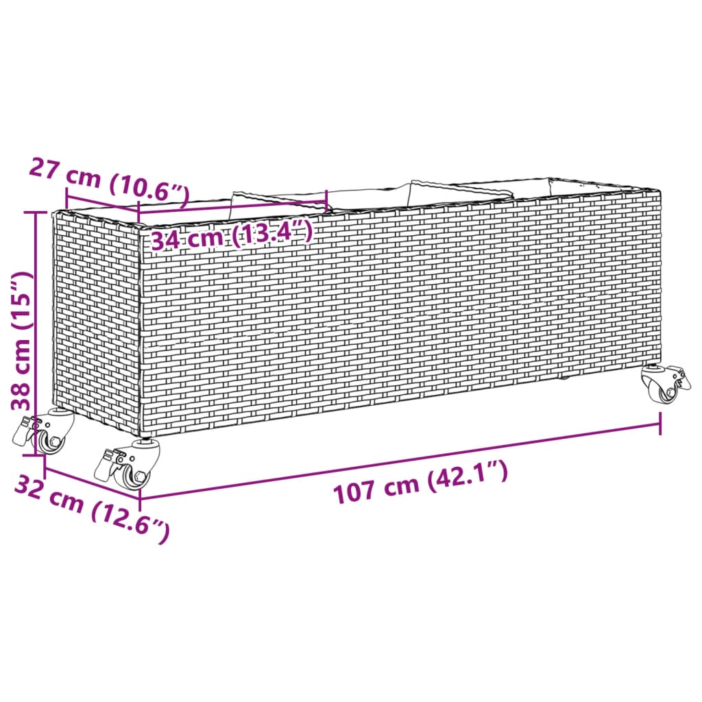 Pflanzkübel mit Rollen 3 Töpfe Grau 107x32x38 cm Poly-Rattan