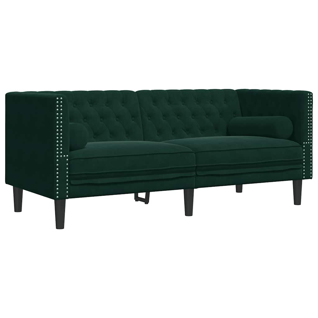Chesterfield-Sofa mit Nackenrollen 2-Sitzer Dunkelgrün Samt