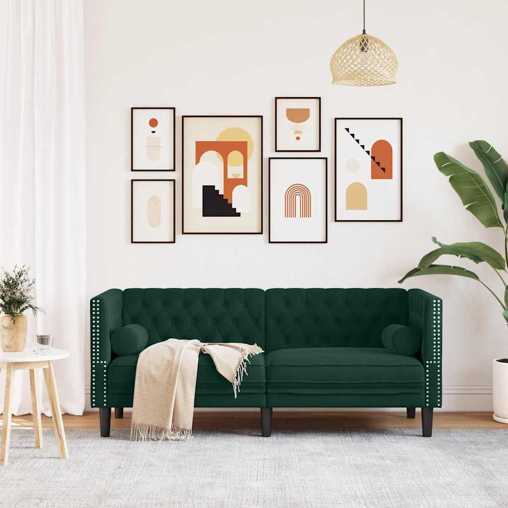 Chesterfield-Sofa mit Nackenrollen 2-Sitzer Dunkelgrün Samt