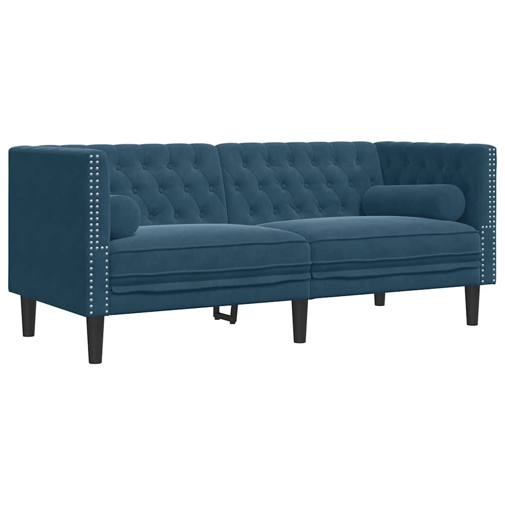 Chesterfield-Sofa mit Nackenrollen 2-Sitzer Blau Samt