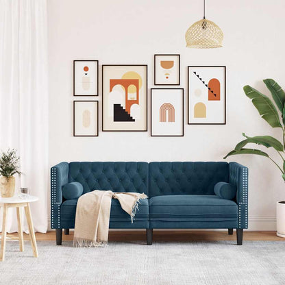 Chesterfield-Sofa mit Nackenrollen 2-Sitzer Blau Samt