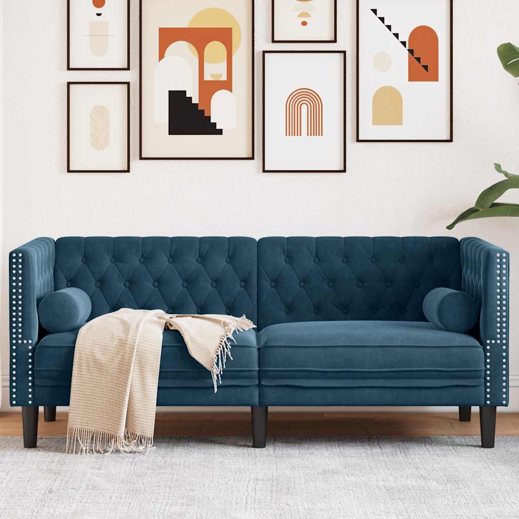 Chesterfield-Sofa mit Nackenrollen 2-Sitzer Blau Samt