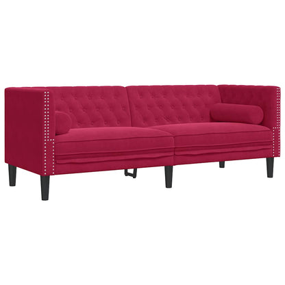 Chesterfield-Sofa mit Nackenrollen 3-Sitzer Weinrot Samt