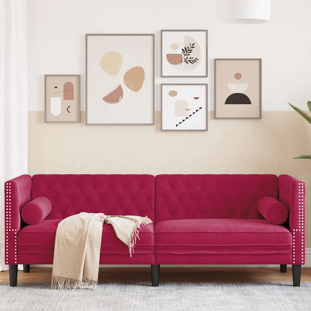 Chesterfield-Sofa mit Nackenrollen 3-Sitzer Weinrot Samt