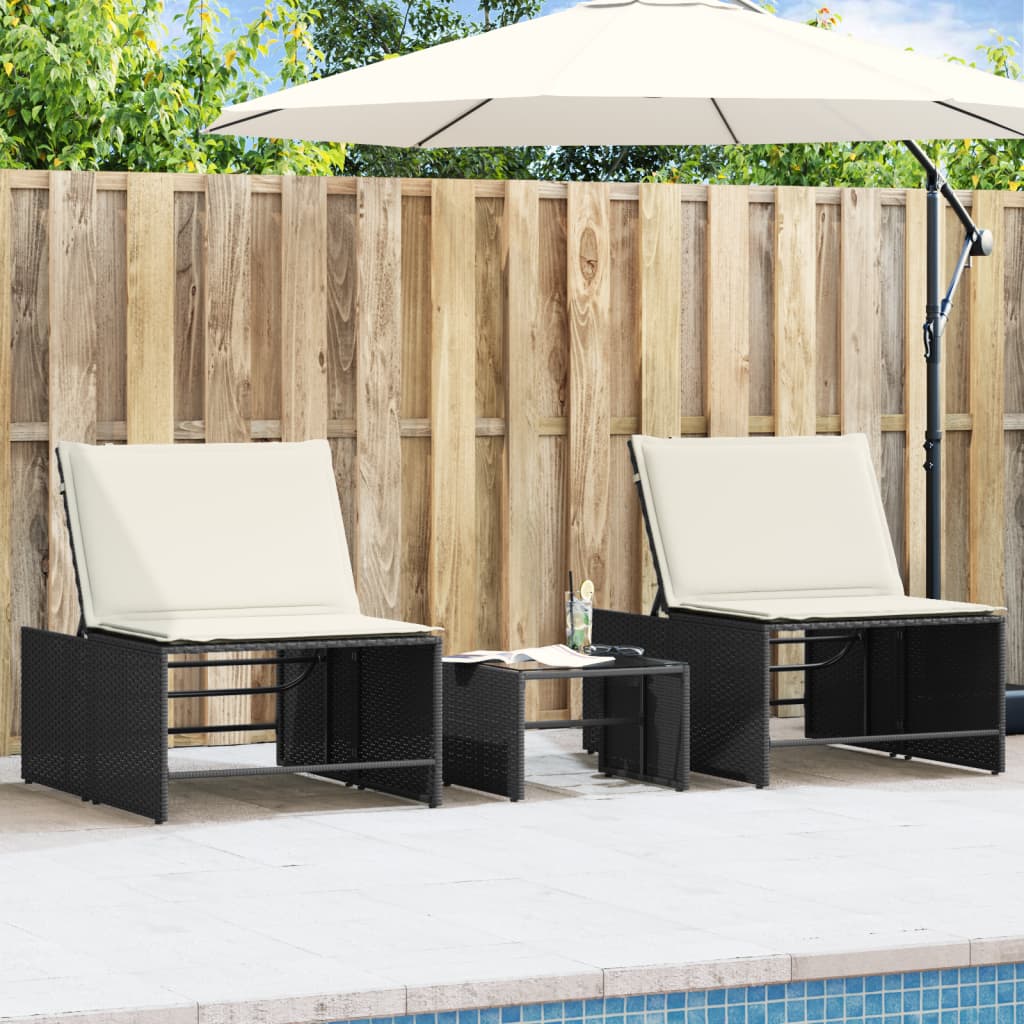 Modulare Sonnenliegen 2 Stk. mit Tisch Schwarz Poly Rattan