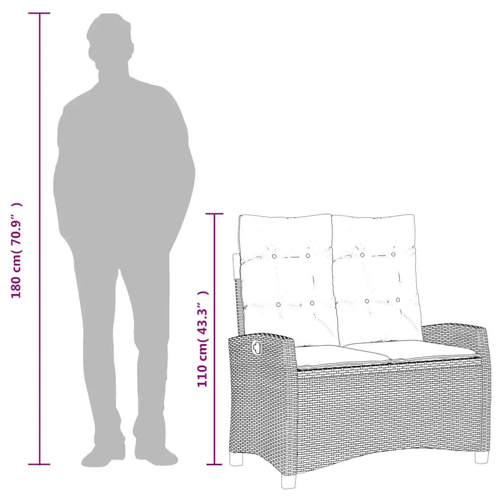 Gartenbank Verstellbar mit Kissen Grau Poly Rattan