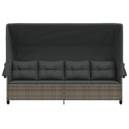 Sonnenliege mit Dach und Kissen Grau Poly Rattan