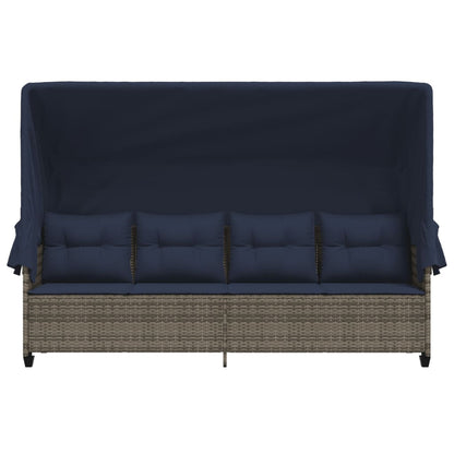 Sonnenliege mit Dach und Kissen Grau Poly Rattan