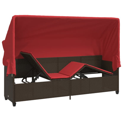 Sonnenliege mit Dach und Kissen Braun Poly Rattan