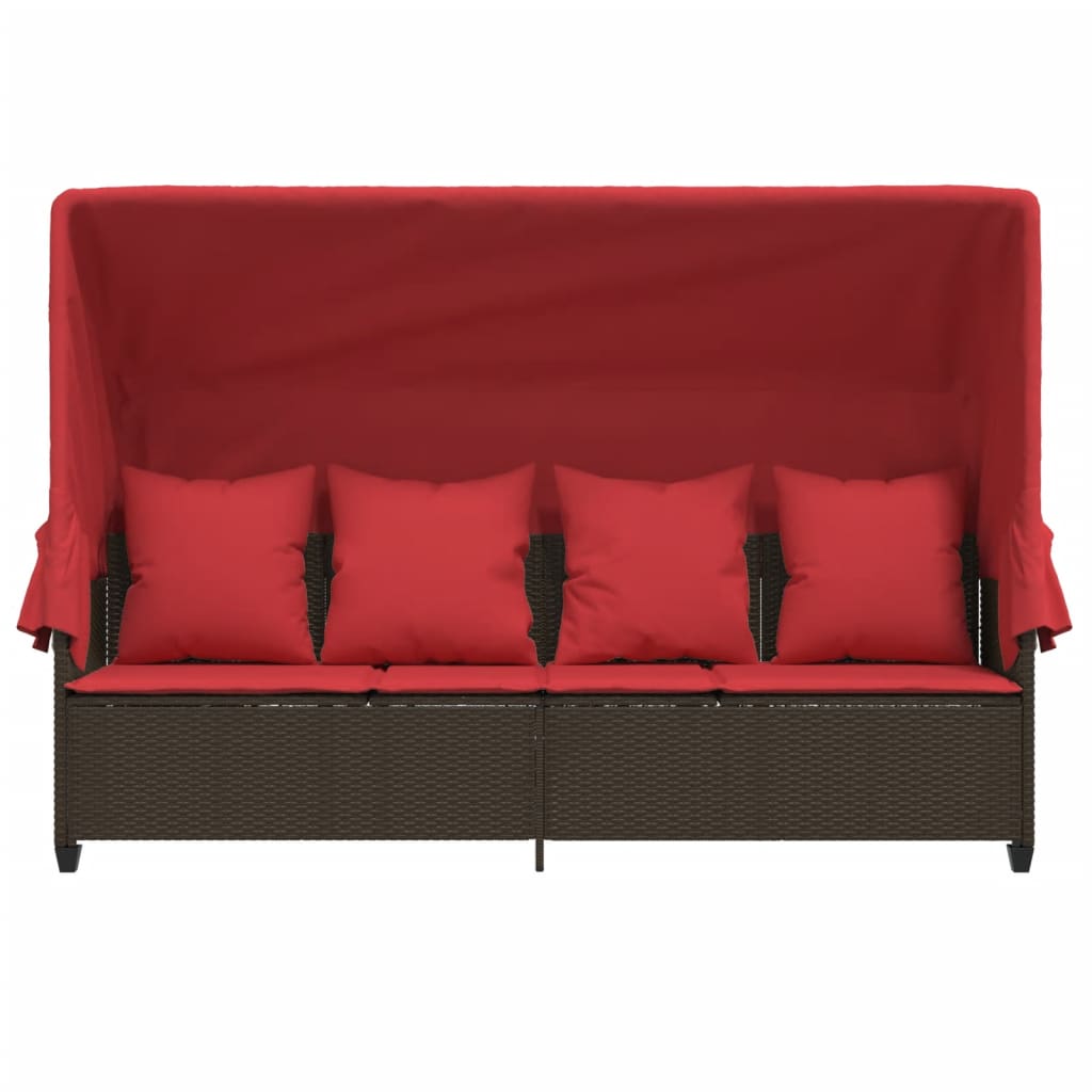 Sonnenliege mit Dach und Kissen Braun Poly Rattan