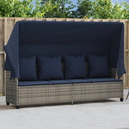 Sonnenliege mit Dach und Kissen Grau Poly Rattan