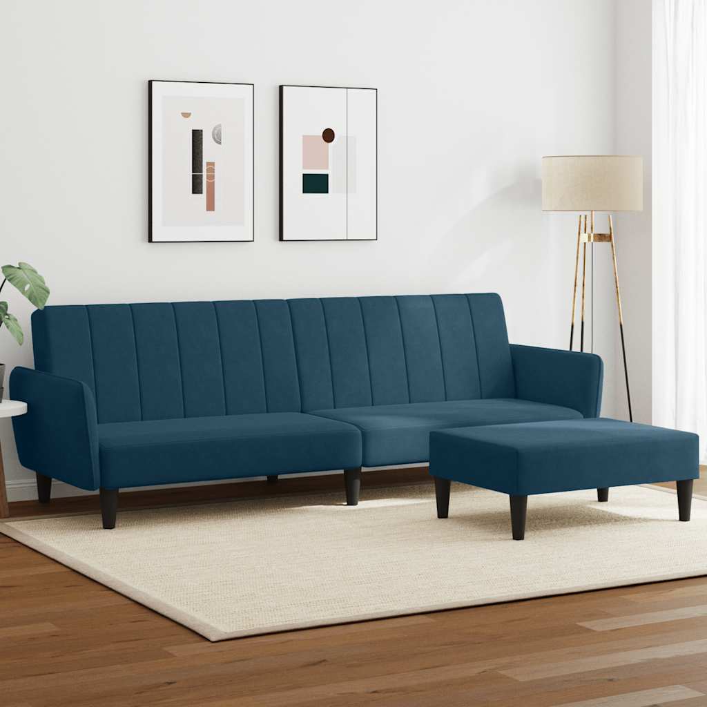 Schlafsofa 2-Sitzer mit Fußhocker Blau Samt