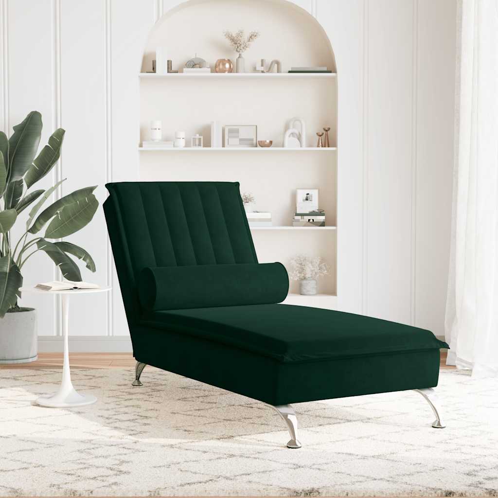 Massage-Chaiselongue mit Nackenrolle Dunkelgrün Samt