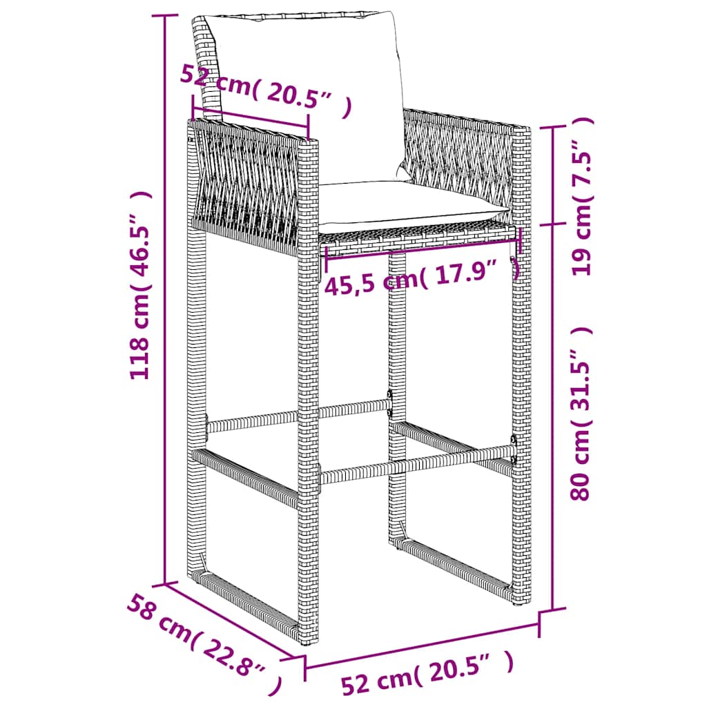 Garten-Barhocker mit Kissen 2 Stk. Braun Poly Rattan
