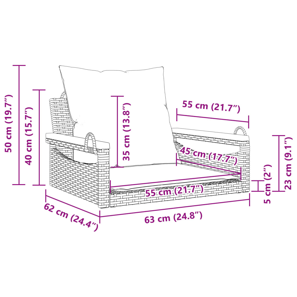 Hängesessel mit Kissen Grau 63x62x40 cm Poly Rattan