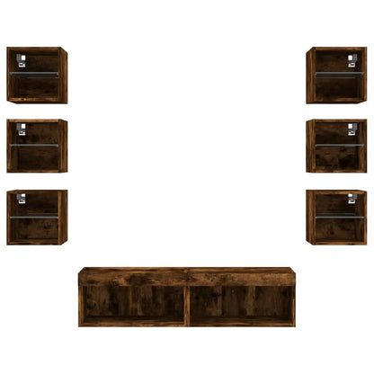 8-tlg. Wohnwand mit LED-Beleuchtung Räuchereiche Holzwerkstoff