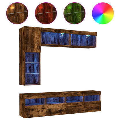 7-tlg. TV-Wohnwand mit LED-Leuchten Räuchereiche