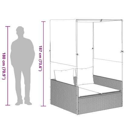 Doppelte Sonnenliege mit Dach und Vorhängen Braun Poly Rattan