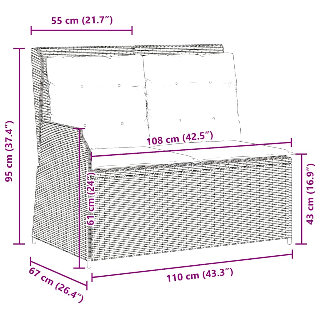Gartenbank Verstellbar mit Kissen Hellgrau Poly Rattan