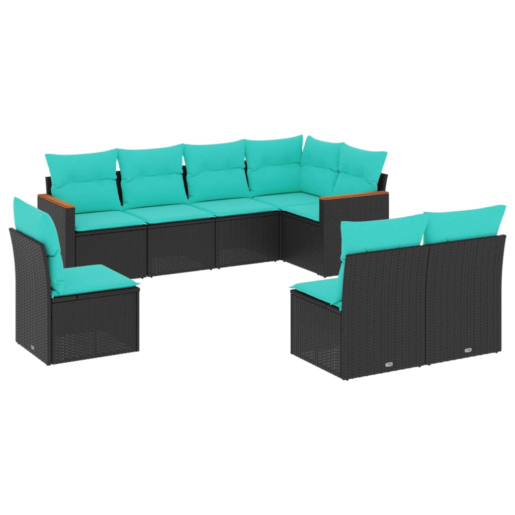8-teiliges Gartensofa-Set mit Kissen, schwarzes Polyrattan