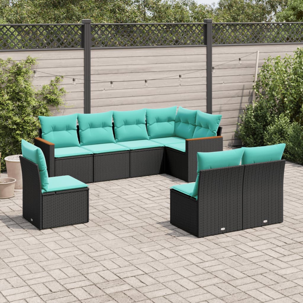8-teiliges Gartensofa-Set mit Kissen, schwarzes Polyrattan
