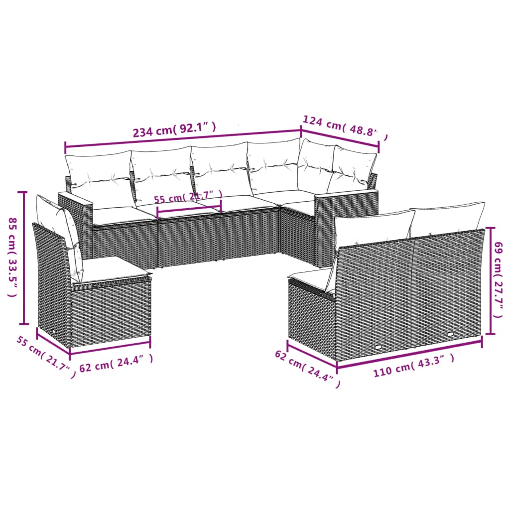 8-teiliges Gartensofa-Set mit Kissen, grau, Polyrattan