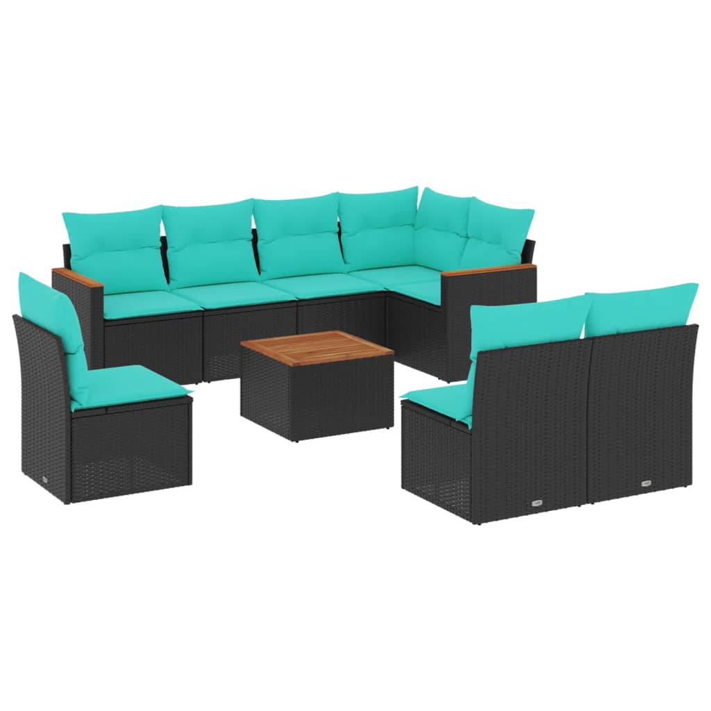 9-teiliges Gartensofa-Set mit Kissen, schwarzes Polyrattan