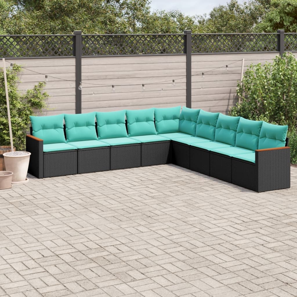 9-teiliges Gartensofa-Set mit Kissen, schwarzes Polyrattan