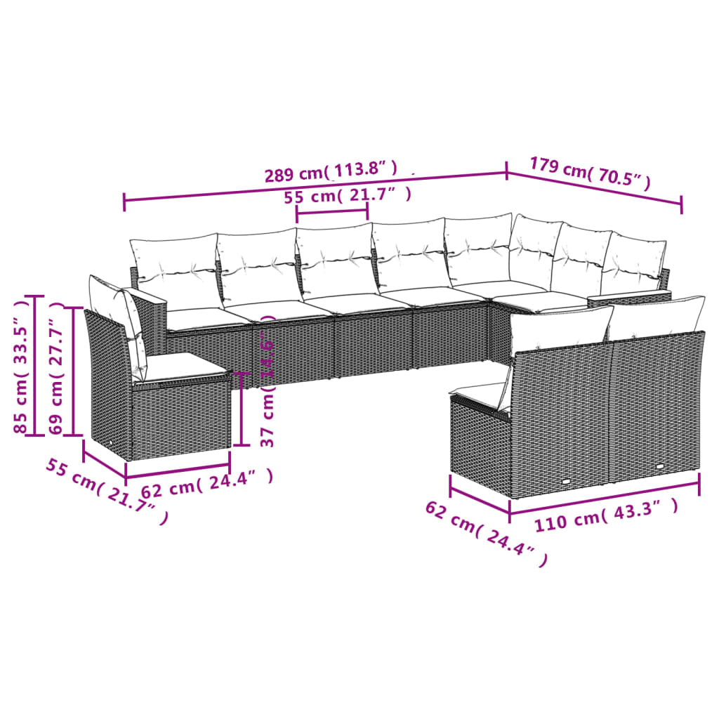 10-teiliges Gartensofa-Set mit Kissen, grau, Polyrattan