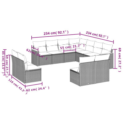 11-teiliges Gartensofa-Set mit Kissen, schwarzes Polyrattan