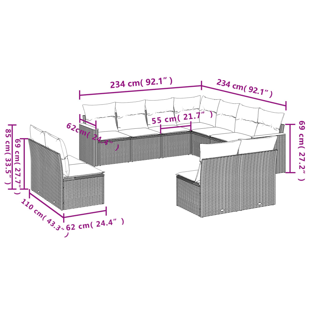 11-teiliges Gartensofa-Set mit Kissen, grau, Polyrattan