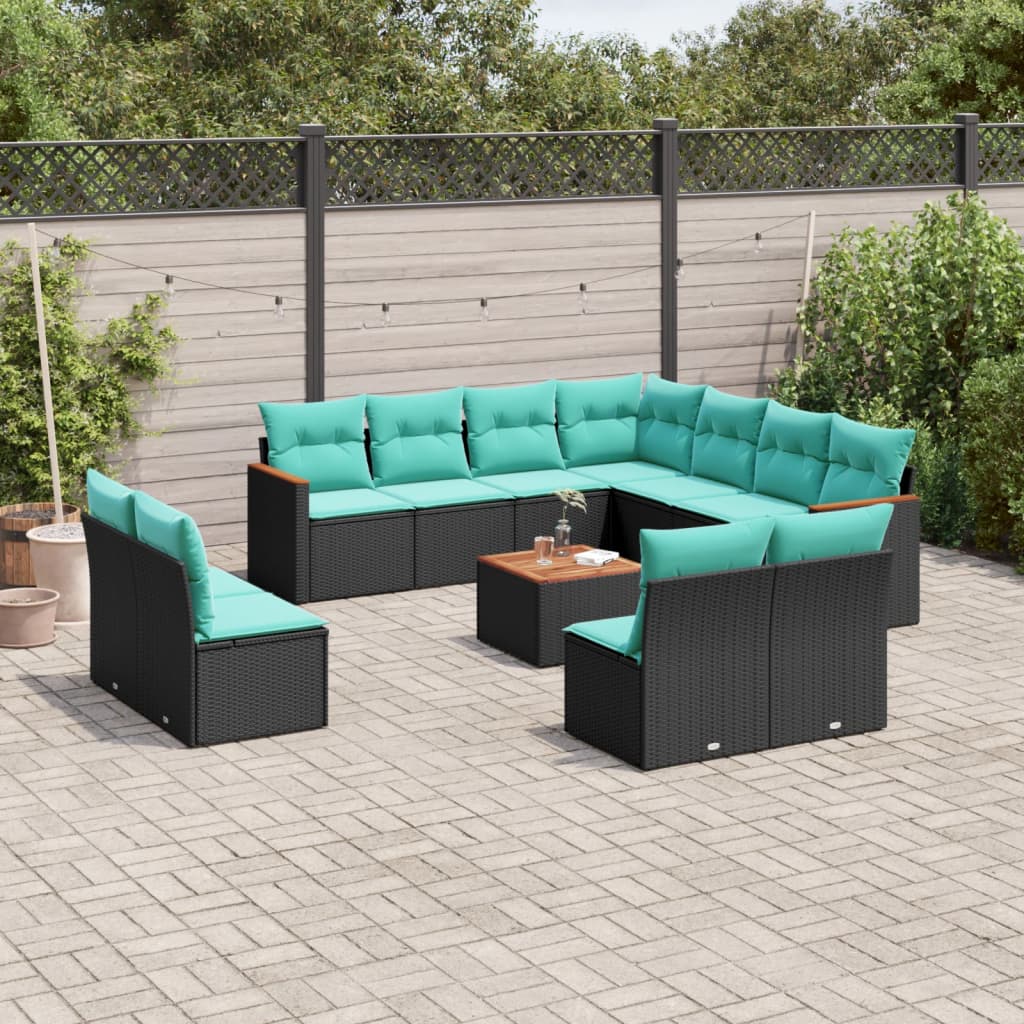 12-teiliges Gartensofa-Set mit Kissen, schwarzes Polyrattan
