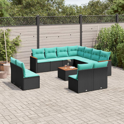 12-teiliges Gartensofa-Set mit Kissen, schwarzes Polyrattan