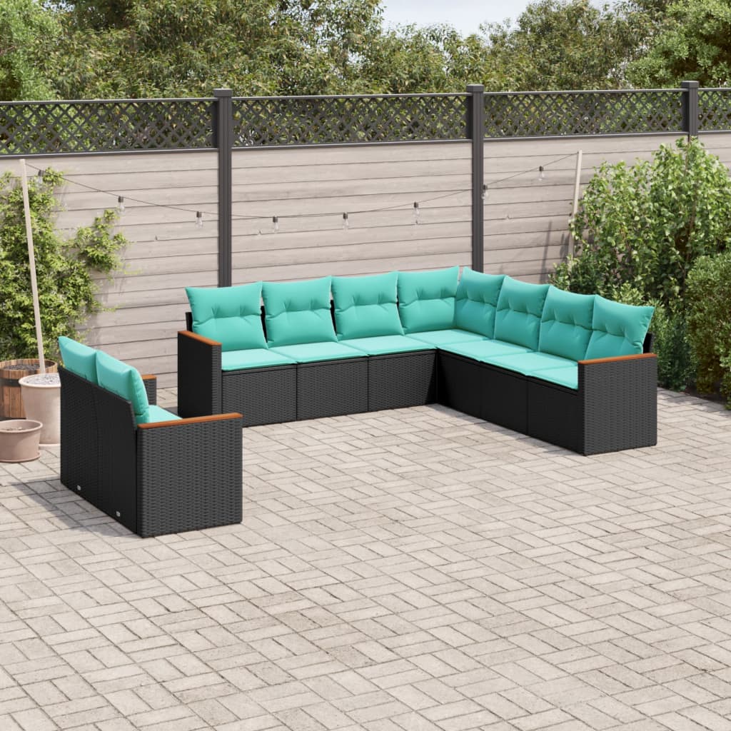 9-teiliges Gartensofa-Set mit Kissen, schwarzes Polyrattan