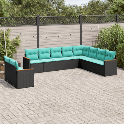 10-teiliges Gartensofa-Set mit Kissen, schwarzes Polyrattan