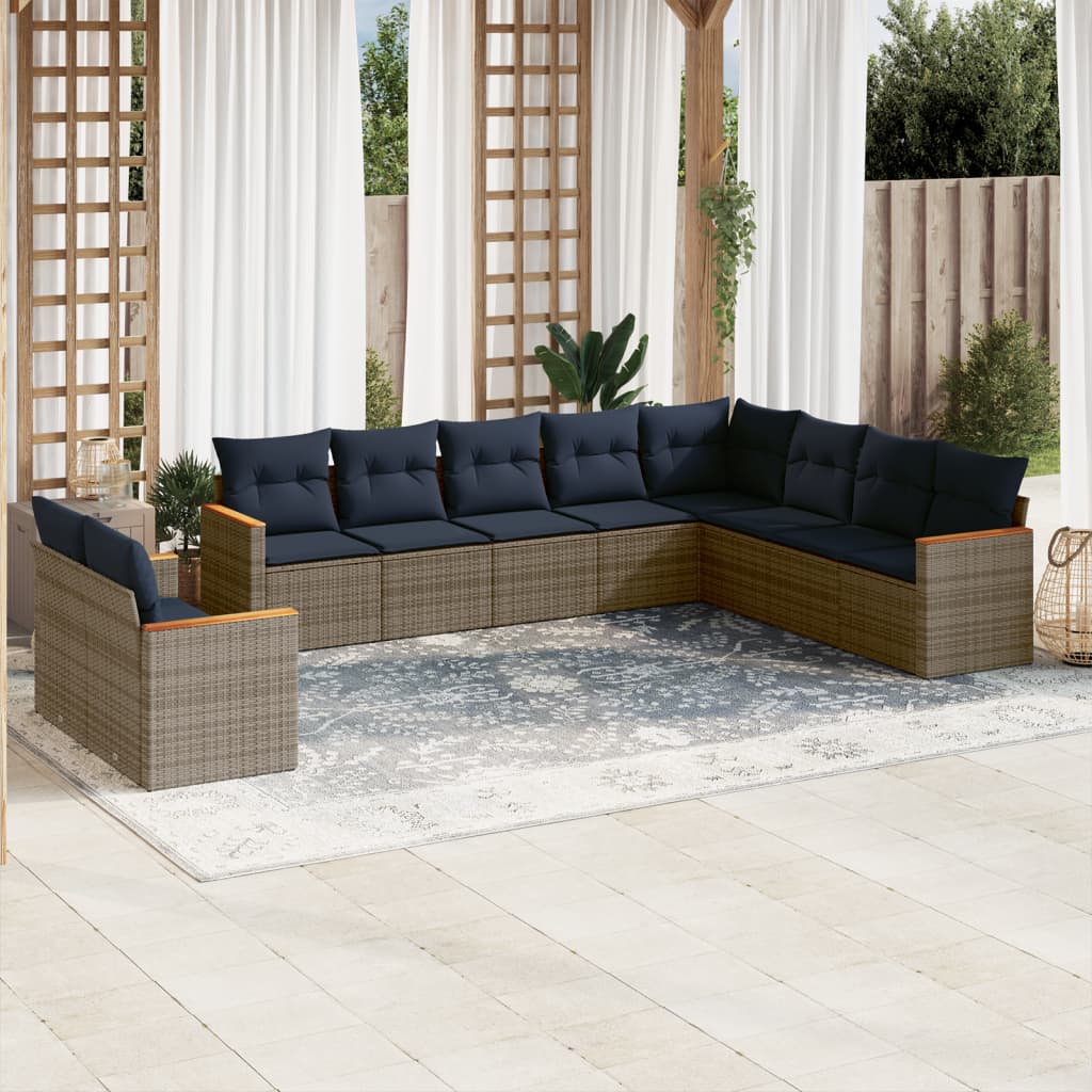10-teiliges Gartensofa-Set mit Kissen, grau, Polyrattan