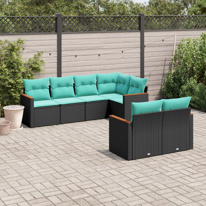 7-teiliges Gartensofa-Set mit Kissen, schwarzes Polyrattan