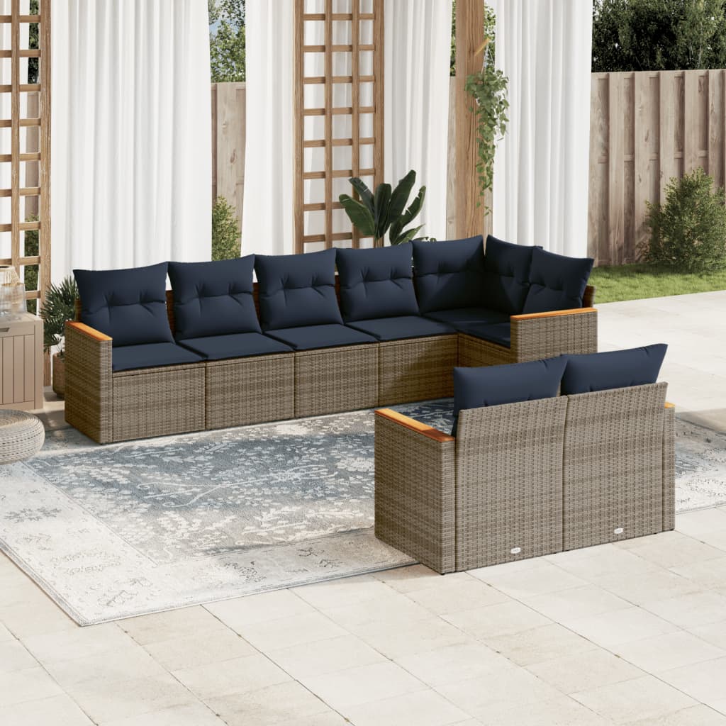 8-teiliges Gartensofa-Set mit Kissen, grau, Polyrattan