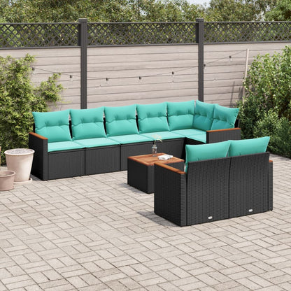 9-teiliges Gartensofa-Set mit Kissen, schwarzes Polyrattan