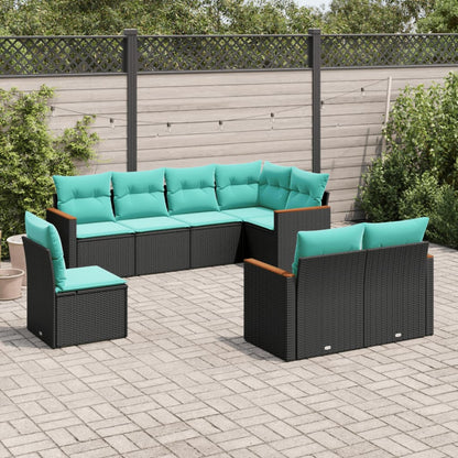 8-teiliges Gartensofa-Set mit Kissen, schwarzes Polyrattan